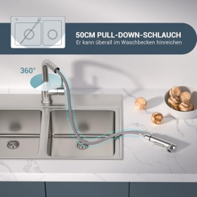 Grifo de cocina con 3 conexiones, giratorio 360°, acero inoxidable, 2 funciones de pulverización