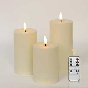 LUCOZA Juego de 3 velas LED para exterior, 10/12,5/15 cm, velas impermeables sin llama con temporizador y mando a distancia, velas de exterior a pilas fabricadas en plástico