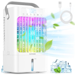 SUPOOBE Aire Acondicionado Portátil 4 en 1 Mini Enfriador de Aire 900 ml Ventilador USB 3 Velocidades 2 Modos de Humidificación