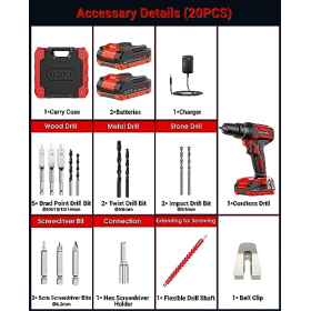 Taladro atornillador inalámbrico de 21 V – Con 2 baterías y 14 accesorios
