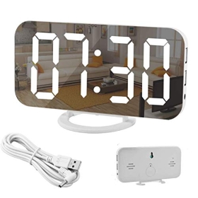 Digital alarm clock with mirror and 6.5-inch LED display, adjustable brightness and 2 USB charging ports