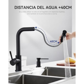 Grifo de cocina negro con rociador extraíble – acero inoxidable, agua caliente y fría