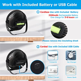 Ventilador de mesa recargable por USB de 6,5", 3 velocidades