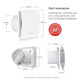Extractor de baño Bosch 1500, 125 mm, con activación mediante interruptor de luz.