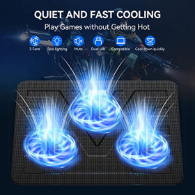 Base de refrigeración para portátiles TECKNET, refrigerador USB delgado y silencioso con 3 ventiladores e iluminación LED, para portátiles