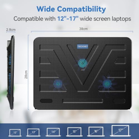 Base de refrigeración para portátiles TECKNET, refrigerador USB delgado y silencioso con 3 ventiladores e iluminación LED, para portátiles