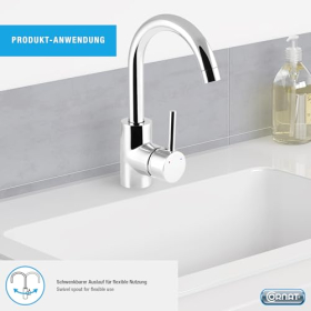 Grifo monomando para lavabo Fiora Cornat con desagüe y caño giratorio.