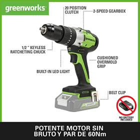 Greenworks 24V Cordless Screwdriver/Drill, 60Nm, Brushless Motor