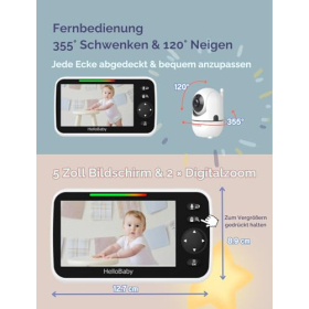 HelloBaby Babyphone mit Kamera – 5" Display, Nachtsicht & 2-Wege-Audio, 305 m Reichweite
