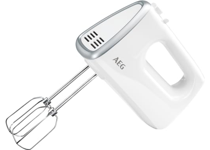 AEG HM 3330 hand mixer / 5 variable speed levels / turbo function for maximum performance / eject button / 2 whisks and 2 dough hooks dishwasher safe / 450 watts / 1 m cable / white/silver AEG HM 3330 hand mixer / 5 variable speed levels / turbo function for maximum performance / eject button / 2 whisks and 2 dough hooks dishwasher safe / 450 watts / 1 m cable / white/silver