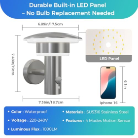 Aplique LED de exterior con sensor – NBHanyan, IP54, acero inoxidable, 9W, luz blanca cálida 3000K
