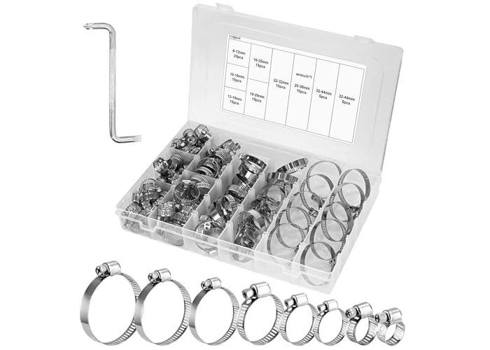 Stainless steel hose clamp set, 110 pieces, adjustable 8–44 mm, assortment for pipes, water lines and vehicles Stainless steel hose clamp set, 110 pieces, adjustable 8–44 mm, assortment for pipes, water lines and vehicles