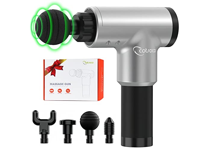 Cotsoco Massagepistole, Tiefengewebe-Percussion-Rückenmuskelmassagegerät für Sportler, 6 Geschwindigkeiten, superleise, handgeführte elektrische Massagepistole zur Körperentspannung mit 4 Massageköpfen (Silber) Cotsoco Massagepistole, Tiefengewebe-Percussion-Rückenmuskelmassagegerät für Sportler, 6 Geschwindigkeiten, superleise, handgeführte elektrische Massagepistole zur Körperentspannung mit 4 Massageköpfen (Silber)
