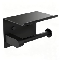 Toilet paper holder with handle and shelf, made of stainless steel in black