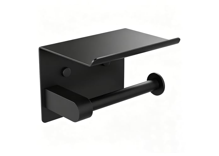 Toilet paper holder with handle and shelf, made of stainless steel in black Toilet paper holder with handle and shelf, made of stainless steel in black