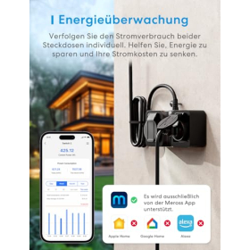 Вулична розетка Meross WiFi з моніторингом енергії, водонепроникна IP44, 16 A, кабель 1,5 м, сумісна з HomeKit, Alexa та Google Home