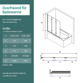 EMKE shower enclosure for bathtub, 3-part, foldable, safety glass