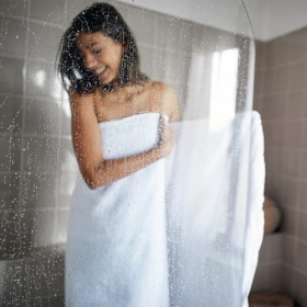 EMKE shower enclosure for bathtub, 3-part, foldable, safety glass