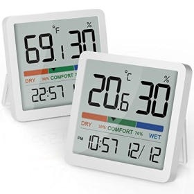 NOKLEAD Innenthermometer-Hygrometer – Mini-Temperatur- und Feuchtigkeitsmessgerät, LCD-Digital-Thermometer, Monitor, Sensor mit Komfortanzeige, Datum, Uhr, Berrcom, Heimumgebungskalibrierung, 2 Stück