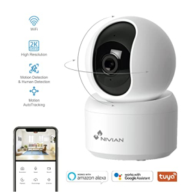 Внутрішня камера NIVIAN 360°, 2K, WiFi, двонаправлений звук, виявлення людини, автоматичне відстеження, сумісна з Alexa/Google Home