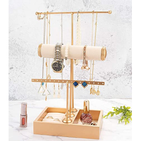 Organizador de joyas QILICZ de 3 niveles, dorado, para pendientes, anillos y collares