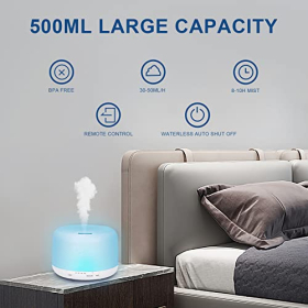 Difusor de aroma de 500 ml con control remoto y 6 aceites esenciales: sin BPA, ultrasónico, 7 colores LED y apagado automático.