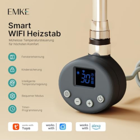 EMKE heating element with thermostat for bathroom radiators, 300W, WiFi control, stainless steel, anthracite