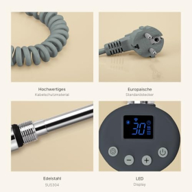 EMKE heating element with thermostat for bathroom radiators, 300W, WiFi control, stainless steel, anthracite