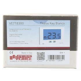 VEMER VE718300 Termostato ambiente de pared para calefacción y aire acondicionado, pantalla LCD, teclado de 2 botones, funcionamiento con pilas, blanco