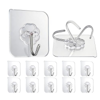 Set of 10 self-adhesive wall hooks, up to 15 kg, transparent, waterproof