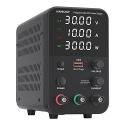 Laboratory power supply, 0-30 V, 0-10 A, DC adjustable power supply with 4-digit LED display, encoder adjustment knob and output switch
