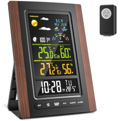 Estación meteorológica de radio con sensor exterior, temperatura y humedad interior/exterior, gran pantalla LCD, previsión meteorológica, radio reloj DCF, fases lunares, barómetro, salida y puesta del sol