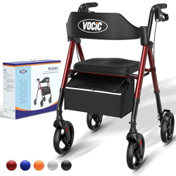Andador plegable y ligero VOCIC con asiento, andador delgado para uso doméstico, andador para personas mayores, plegable con neumáticos de 20 cm para cualquier terreno, asiento y manillar regulables en altura, color rojo oscuro