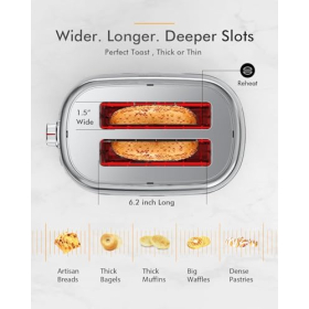 Tostadora de 2 ranuras con ranuras extra anchas de 1,5 pulgadas y bandeja para migas extraíble: 6 niveles de tostado, apagado automático y función de congelación, también adecuada para pan de frutas