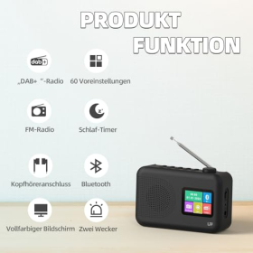 Цифровое радио LFF DAB+ с FM, Bluetooth и цветным дисплеем | Компактный кухонный радиоприемник, работающий от сети и батареек, черный