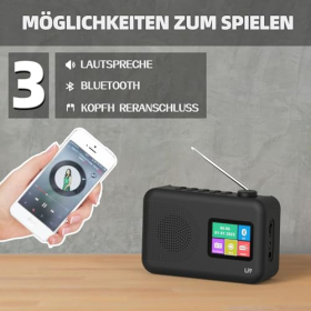 Цифровое радио LFF DAB+ с FM, Bluetooth и цветным дисплеем | Компактный кухонный радиоприемник, работающий от сети и батареек, черный