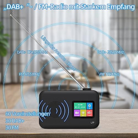 Цифровое радио LFF DAB+ с FM, Bluetooth и цветным дисплеем | Компактный кухонный радиоприемник, работающий от сети и батареек, черный