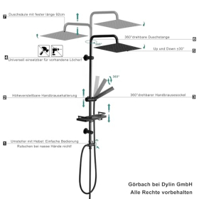 Görbach Duschsäule Hydromassage Edelstahl 304, Höhenverstellbar, mit Handbrause & Regenduschkopf