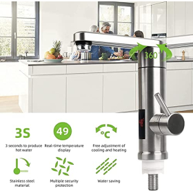 Grifo eléctrico de agua caliente, 220 V, 3000 W, acero inoxidable, pantalla LED, giratorio 360°