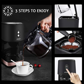 Cafetera de filtro retro con filtro permanente, hasta 12 tazas, cafetera de diseño retro con vaso de 1,5 litros, placa de cocción | transmisión automática | No muy grande (negro)
