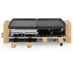 Princess 162918 Raclette Pure 8, for 8 people, reversible plate and grill plates, area 2 x 21 x 23 cm, adjustable thermostat, housing made of natural bamboo, 8 pans, 1300 W