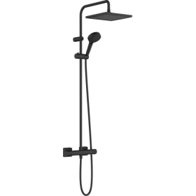 Shower system with thermostat, rain shower (240 x 240 mm) with mixer tap, hand shower (2 jet types), hose, shower rail and corner head shower (1 jet type), matt black