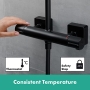 Duschsystem mit Thermostat, Regenbrause (240 x 240 mm) mit Mischbatterie, Handbrause (2 Strahlarten), Schlauch, Duschstange und Eck-Kopfbrause (1 Strahlart), mattschwarz