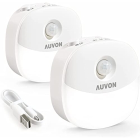 AUVON Luz nocturna de batería recargable, mini con sensor de movimiento, luz LED blanca fría con sensor de atardecer a amanecer, brillo ajustable para pared, escaleras, pasillo, armario (paquete de 2) : Herramientas y Mejoras del Hogar