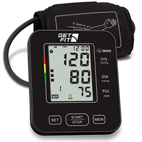 Get Fit Tensiómetro de Uso Doméstico - Tensiómetro Médico de Brazo - Pulsómetro - Memoria 2x99 - Brazalete Grande para Adultos - Tensiómetro con Pantalla LCD - Negro - 22-42cm