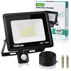 Tailcas 30W LED Outdoor Floodlight with Motion Sensor, 2700lm Super Bright LED Exterior Floodlight, IP66 Waterproof Projector, 6500K Outdoor Security Lighting for Garden, Patio, Garage