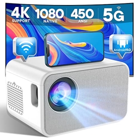 KYASTER 1080P Native Projector, 450 ANSI Lumens 4K Compatible with Mini Projector, Android 9.0, 4P/4D Keystone Correction, 5G WiFi Wireless Screencast for iPhone