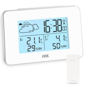 ADE Digitale Funk-Wetterstation mit Außensensor, Innen- und Außentemperatur, Luftfeuchtigkeitsmesser, animierte Wettervorhersage, Radiowecker mit Schlummerfunktion, Weiß