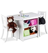 Relaxdays children's seating group ALBUS with storage space, 1 table and 2 chairs made of wood, children's table group for...