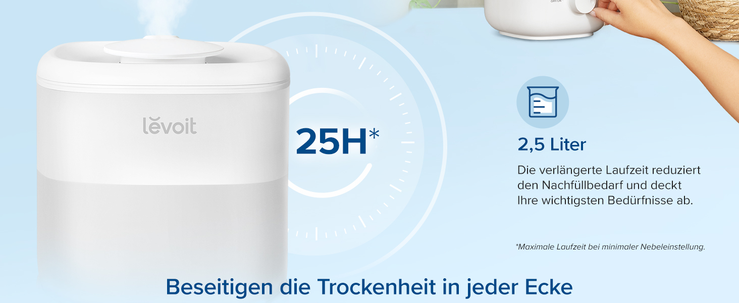 Lange Betriebsdauer und 2,5-Liter-Wassertank